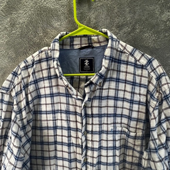 IZOD Mens XXL Long Sleeve Button Down Plaid Shirt White Blue Brown Essential Dad - Picture 2 of 8